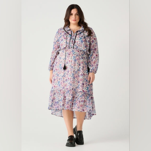 Dex Plus Gracie Contrast Trim Midi Boho Dress Purple Long Sleeve Size 1X Smocked - Picture 13 of 13